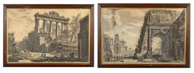 Giovanni Battista Piranesi, (Italian, 1720-1778): Two etchings. Veduta dell Arco di Tito. Etching on paper. Plate size 18 3/4 x 28 1/4 inches. Veduta del Tempio detto della Concordia. Etching on paper, 1774, mounted on board. Plate size 18 1/4 x 27 1