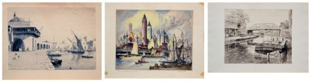 Three Early 20th C. American Intaglio Prints: (1) Lemuel D. Eldred (American, 1848-1921). North African Port. Etching and drypoint on thick cream paper. Signed in plate (l.l.). Plate size 16 x 11 1/2 inches. (2) James Irza Arnold (American, 1887-