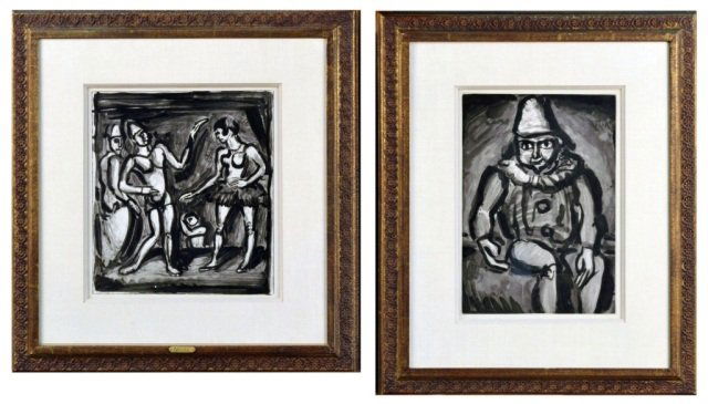 Two Prints By Georges Rouault (French, 1871-1958): From the series "Cirque". Both Aquatint, 1930, on BFK Rives. Clown Assis. Signed in plate (l.l.), dated in plate (l.l.). Plate size 12 3/4 x 9 inches. Parade. Aquatint, 1930, trial proof of the black