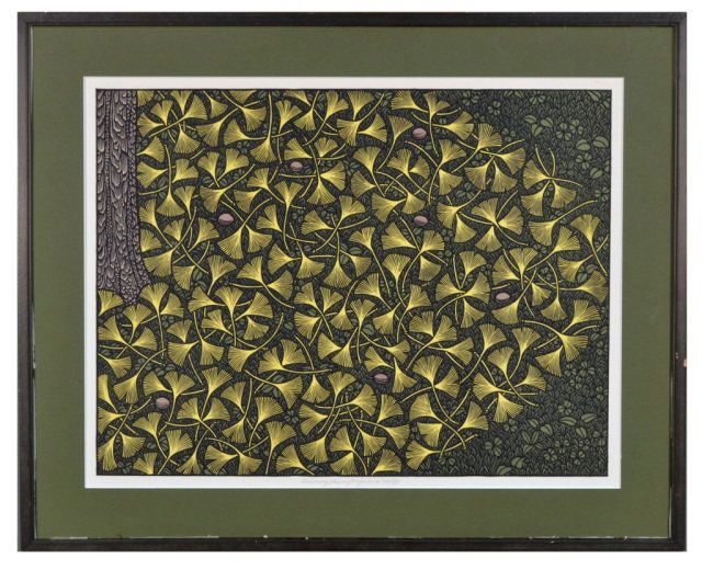 Jacques Hnizdovsky (American/Ukrainian, 1915-1985): Autumn GIngko Leaves. Color Linocut, 1984. Signed, titled, and dated in pencil (l.c.). Sheet size 21 7/16 x 27 3/8 inches. Framed.