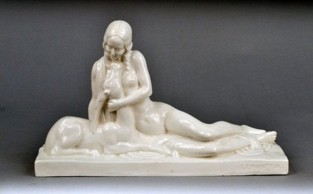 Lemanceau (Fr. 1905-1980) Jeune Femme a l'Antiope: Art Deco craquele sculpture by Charles Lemanceau, signed. Height 11 1/2 inche, length 18 1/2 inches.