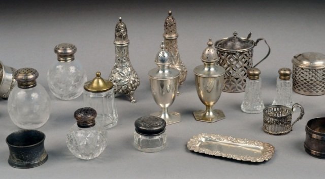 Group of Sterling and Silver Plated Table Articles: Including a pair of Wallace sterling silver shakers, a pair of Mauser sterling silver shakers, pair of cut glass shakers with sterling tops, miniature tray, three candle cups, napkin rings, etc. Total