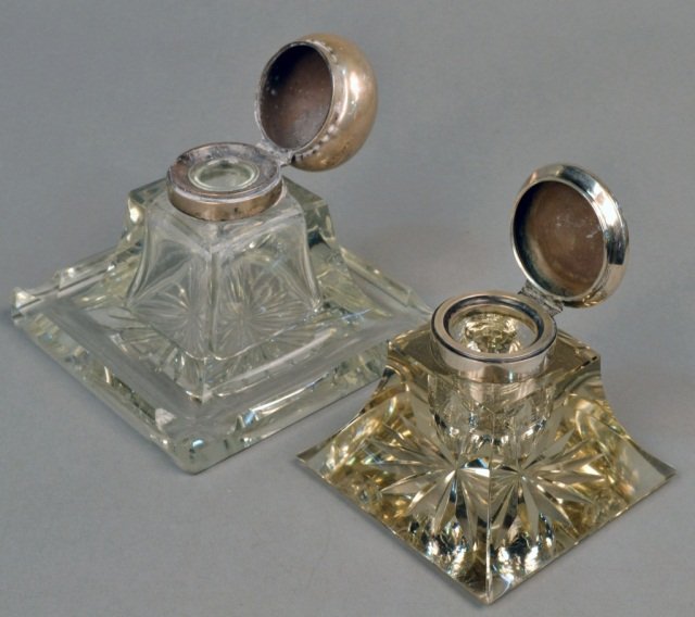 Two Silver Mounted Ink Bottles: Both with square base. Taller, height 5 1/2 inches.