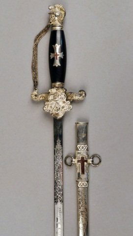 Knights of Columbus Ceremonial Sword: Marked The Pettibone Bros. Mfc. Co. on the ricasso, presented to Charles W. Wenger by the Columbia Commandery, No. 2 K.T., Washington D.C., with etched acanthus and scroll decoration on the blade, sim