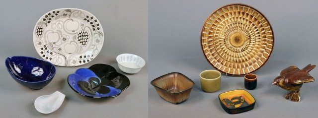Miscellaneous Group of Scandinavian Art Pottery: Various makers, including a platter, a charger, bowls, dishes and a bird figure.