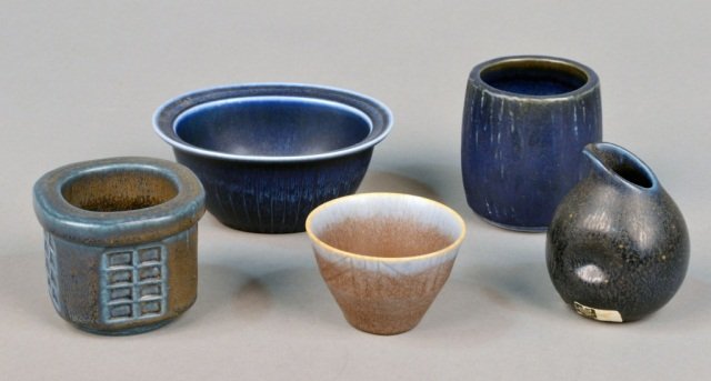 Miscellaneous Group of Scandinavian Art Pottery: Five pieces, various makers all with blue glaze. Tallest vase 3 1/4 inches.