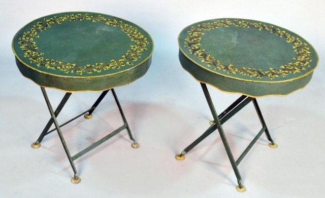 Pair of Green Painted Metal Folding Tables: Each with circular top with floral decoration. Height 28 inches, diameter 23 1/2 inches.