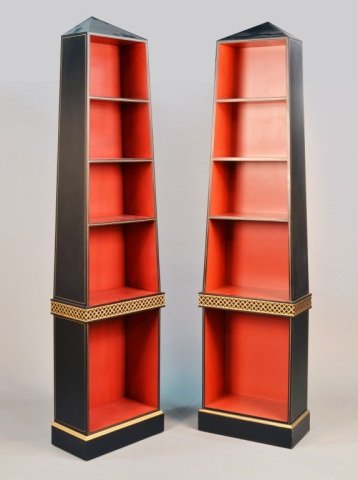 Pair of Obelisk Form Etageres: By Chelsea House, black painted, with five open shelves. Height 7 feet, width 20 1/2 inches, depth 11 inches.