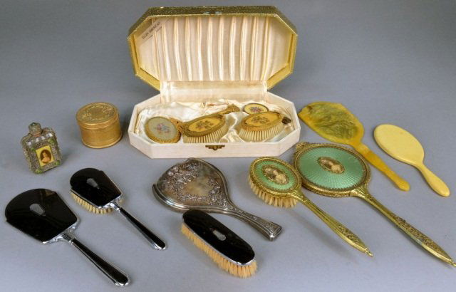 Miscellaneous Group of Dresser Articles: Including five hand mirrors, four brushes, powder box, perfume bottle, etc.