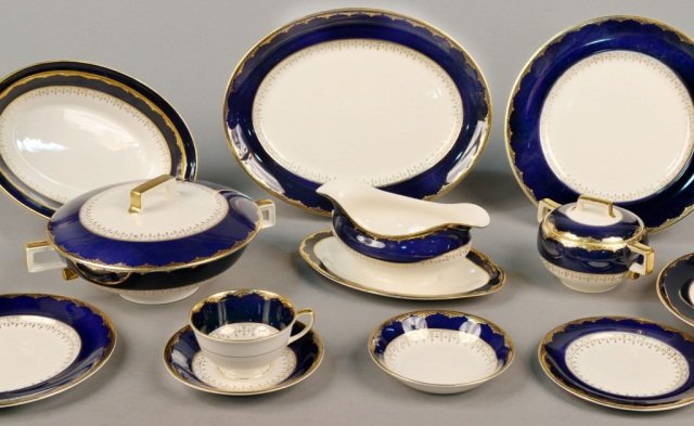 Johnson Bros. Pareek Dinner Service: By Johnson Bros., England, pattern JB20, comprising twelve dinner plates, ten salad plates, eight bread plates, eleven fruit dishes, eleven soup plates, nine cups, twelve saucers, an oval serving dish
