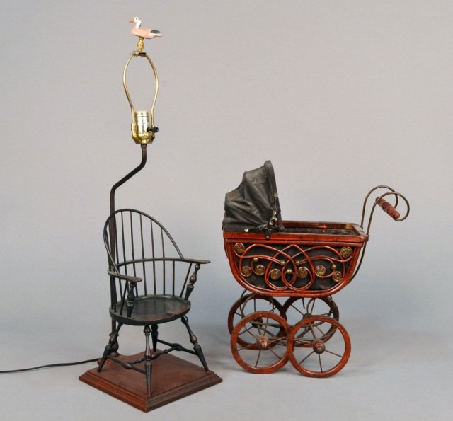 Chair Lamp & Miniature Buggy: Windsor style chair and doll buggy. Buggy, height 18 inches.