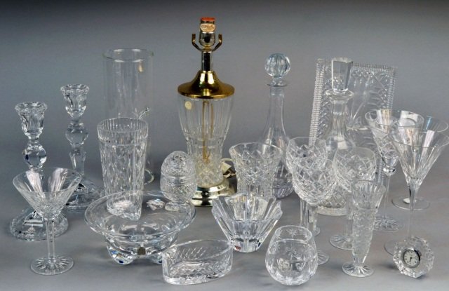 Miscellaneous Group of Glassware: Stemware, lamp, two decanters, tray, Waterford clock, etc. Lamp, height 15 inches.