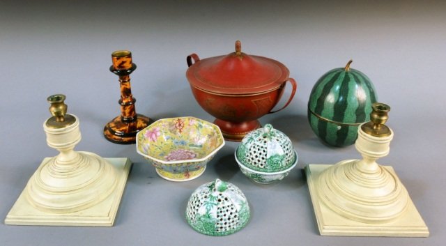 Miscellaneous Group of Table Decorations: Including an enamel decorated dish, a pomander, a cloisonne covered dish, a pair of painted candlesticks, a faux tortoise candlestick, a tole tureen, etc.
