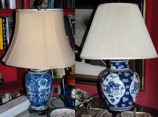 Two Asian Blue and White Porcelain Table Lamps: One with floral decoration, and the other, with figures. Taller, height 15 inches. Provenance: Estate of Michael "Mendy" Wager.