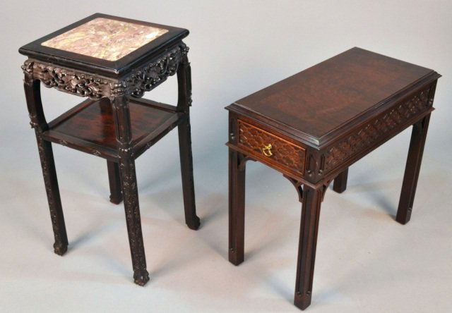 Two Asian Style Occasional Tables: One with a marble inlaid square top, carved apron, and conforming lower shelf atop Asian style carved legs ending in ball and claw feet, height 31 3/4 inches by 15 inches square; the other with a rect