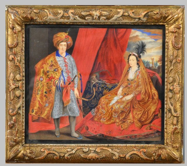 After Anthony Van Dyck (Flemish, 1599-1641): Sir Robert Shirley and his wife Teresia, in Persian Costume. Gouache on paper. Sight size 6 3/4 x 8 inches. Framed. Based upon two original paintings by Anthony Van Dyck, "Portrait of Sir Robert Shirl