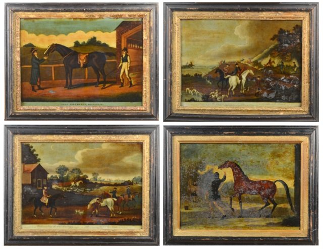 Set of Four English Reverse Paintings: Each with depicting horses. Comprising Lord Egremont's Trafalagar; Diging for the Fox; A Fine Bay Arabian; Unkenneling the Fox Hounds. Each sight size 10 x 14 inches, overall 14 x 18 inches. Framed.