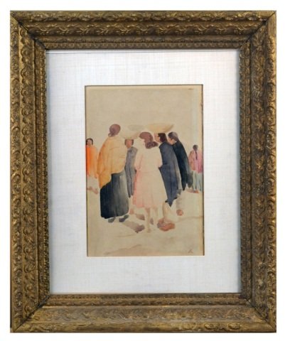 Attributed to Diego Rivera (Mexican, 1886-1957): Women Gathering Goods. Watercolor on paper. Signed (l.r.) "R.". Sight size 11 1/2 x 8 inches. Framed.