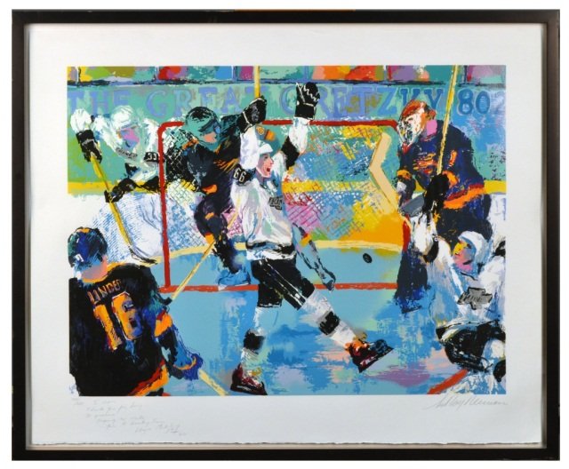 Leroy Neiman (American, 1921-2012): Wayne Gretzky. Serigraph. Signed by Leroy Neiman in pencil (l.r.), signed with message by Wayne Gretzky and numbered 354/385 in pencil (l.l.). 34 1/4 x 42 1/4 inches.