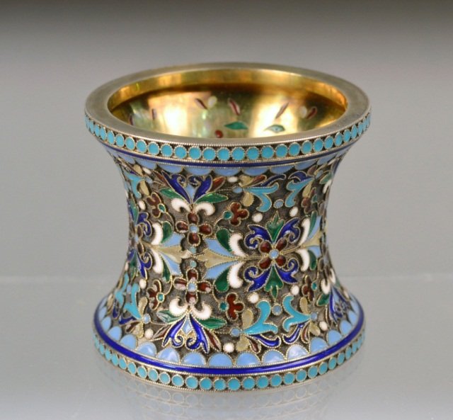 Russian Plique a Jour Napkin Ring: Maker's mark in cyrillic, scroll decoration.