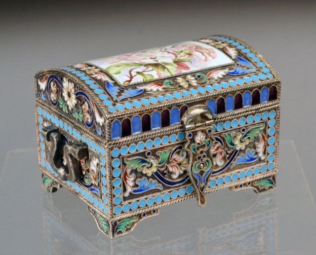 Russian Silver and Enamel Miniature Casket *: Maker's mark of V. Morozov in cyrillic, floral and scroll decoration. 2 1/2 x 2 inches.