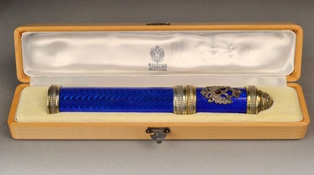 Faberge Diamond, Silver and Enamel Cigar Case *: Maker's mark of Henrik Immanuel Wigström (1862–1923), cobalt blue enamel with diamonds and rubies, and gilded silver.