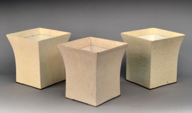 Three Karl Springer Style Planters: Square with everted rim. Height 12 inches, width 11 inches, depth 11 inches.