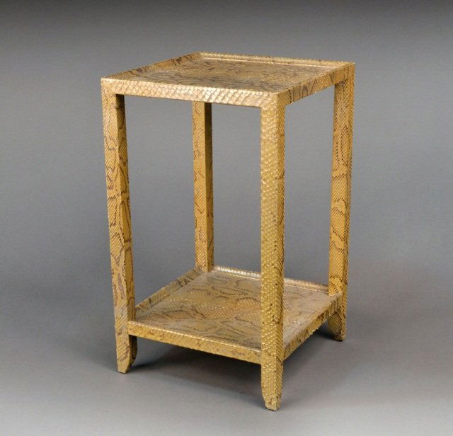 Karl Springer Faux Reptile Skin Side Table: Square top on four square legs joined by a lower shelf. Height 20 1/2 inches, width 12 inches, depth 12 inches.
