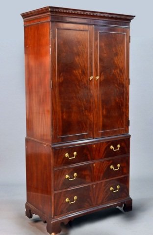 George III Style Mahogany Linen Press: By Hickory Chair. Molded cornice with dentil decoration over two panel doors and three graduated drawers, bracket feet. Height 6 feet 6 inches, width 38 inches, depth 21 1/2 inches. Provenance: From t