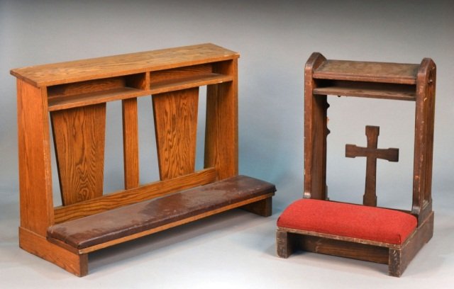 Two Wooden Church Pews: One, Height 35 inches, width 22 inches, depth 22 inches; the other, height 34 inches, width 48 inches, depth 21 inches. Provenance: From the set of "One Life to Live"