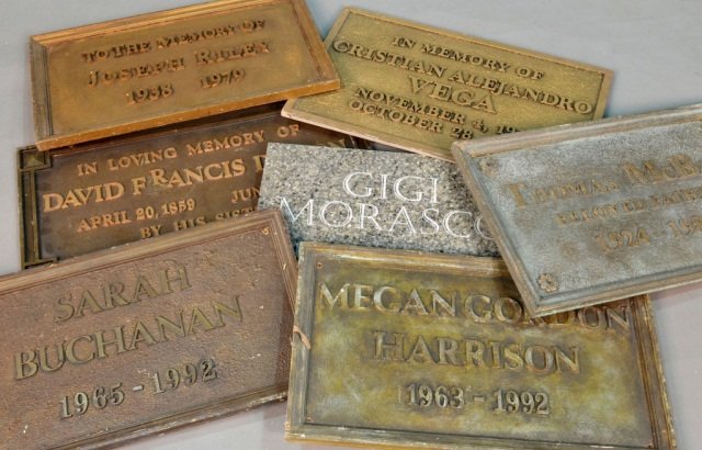 Group of Faux Painted Composition Grave Markers: Group of seven composition flat grave markers. Comprising David Francis Dillon, Gigi Morasco, Cristian Alejandro Vega, Sarah Buchanan, Joseph Riley, Thomas McBain, and Megan Gordon Harrison. Largest, 