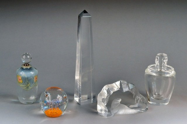 Miscellaneous Group of Glass Table Decorations #: Including an Orrefors obelisk, Vandermark stoppered bottle, etc. Obelisk height 11 1/4 inches.