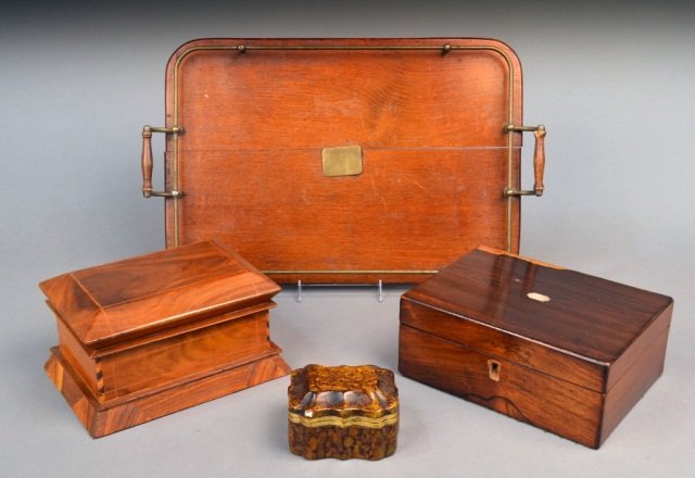 Group of Three Decorative Boxes: Two wood and one ceramic, together with a two handled wood serving tray with brass gallery. Tray, 24 x 15 inches.