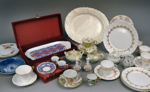 Miscellaneous Group of Porcelain Articles: Including tea cups, plates, platter, etc. Various sizes.