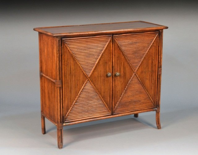 Coral Reef Hall Chest: Rectangular top with faux bamboo edge, over two geometric decorated doors. Height 37 inches, width 42 inches, depth 17 inches.