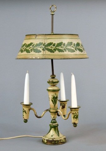 French Tole Boulliotte Lamp: With oak leaf motif. Height 24 inches, diameter 12 inches.