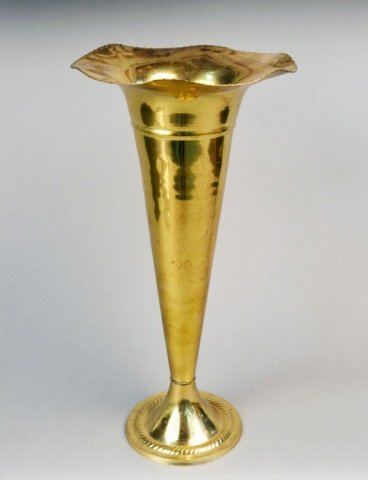 Brass Umbrella Stand: Trumpet form, on a spreading circular base. Height 23 1/2 inches.