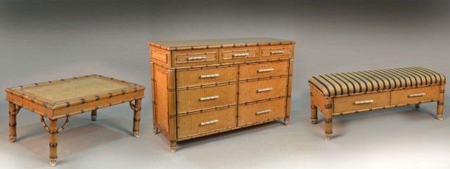 Three Piece Furniture Suite: Faux bamboo painted decoration. Comprising a two drawer bench, height 23 inches, width 60 inches, depth 22 inches; a coffee table, height 22 inches, width 48 inches, depth 30 inches; and matching dres