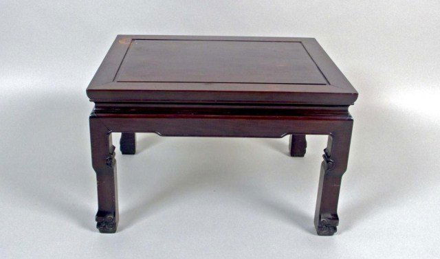 Chinese Style Stained Wood Low Table #: Rectangular top on Asian style scrolled legs. Height 14 inches, width 27 inches, depth 18 inches.