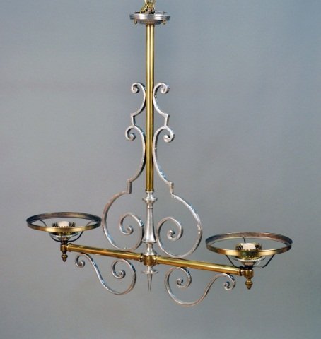 Polished Nickel and Brass Billiard Fixture: Two light (No shades). Height 38 inches, diameter 36 inches.
