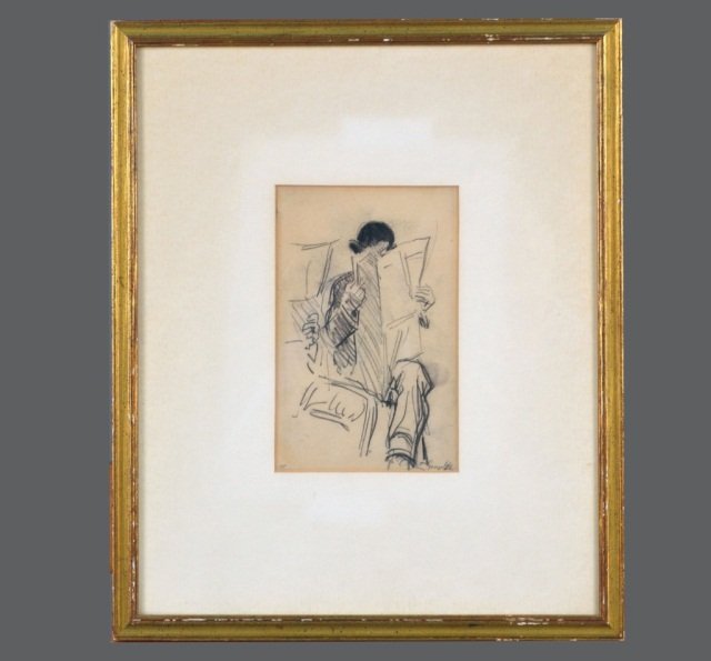 George Benjamin Luks (American, 1867-1933) #: Study of man reading newspaper. Pencil on paper. Signed in pencil (l.r.). Sight size 6 9/16 x 4 3/16 inches. Framed. Provenance: Ex. coll. ACA Gallery.
