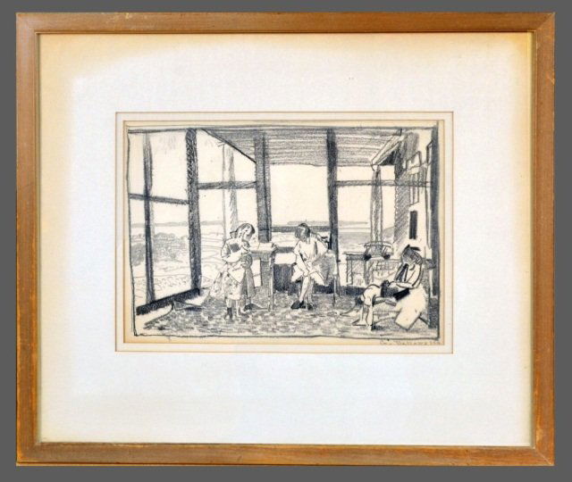 George Wesley Bellows (American, 1882-1925) #: Children on the Porch. Conte crayon on paper, 1919. Signed in pencil (l.r.). Sketch for painting of the same name in the collection of the Columbus Museum of Art, OH (Record Book B, pp168). Depicting