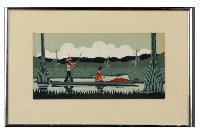 Fred Beaver (American, 1911 – 1980): Native Americans in Canoe. Gouache on paper, 1977. Signed and dated (l.r.). Sheet size 5 x 10 inches. Matted and framed.