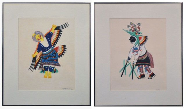 Two works by Nat Coriz (American, 20th Century): (1) Eagle Dancer. Gouache on paper. Signed in pen (l.r.). Sight size 12 7/8 x 9 7/8 inches. Matted and framed. (2) Spirit Dancer. Gouache on paper. Signed in pen (l.r.). Sight size 12 7/8 x 9 7/8 inch