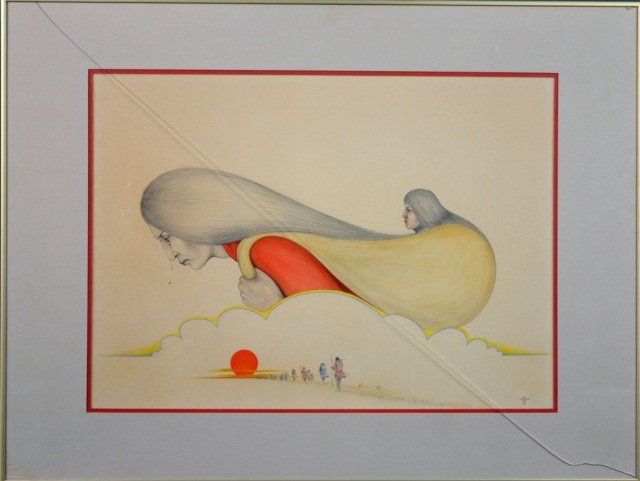 Dana Tiger (American, 20th Century): Native American Heads. Pencil and watercolor on paper, 1976. Signed and dated (l.r.). Sight size 18 x 25 inches. Matted and framed.
