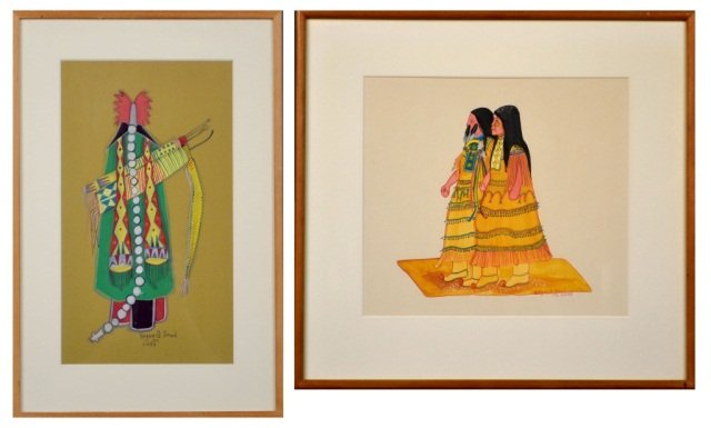 Two Works by Virginia A. Stroud (American, b. 1951): (1) Two Native American Women. Gouache on paper, 1976. Signed and dated (l.c.). Sight size 11 1/2 x 12 3/4 inches. Matted and framed. (2) Native American Hunter. Gouache on paper, 1976. Signed and dat