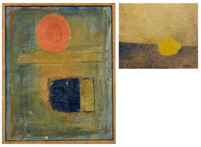 Two Abstract works (American, 20th Century): (1) Untitled (Abstract with yellow dot). Oil on canvas. Signed "E. Jacobs" (l.r.). Canvas size 10 x 12 inches. (2)Lester Polakov. Cantalope. Oil on canvas. Signed (l.r.), attributed and titled (verso)