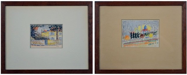 Gerald van der Kemp (French, 1912-2001) #: (1) Chateau de Versailles, Saint Lambert l'Hospice. Oil and pen on paper. Signed and titled (verso), numbered "53" (l.r.). Sight size 5 1/8 x 7 inches. Framed. (2) Chavenay , Maisons du Village. Water