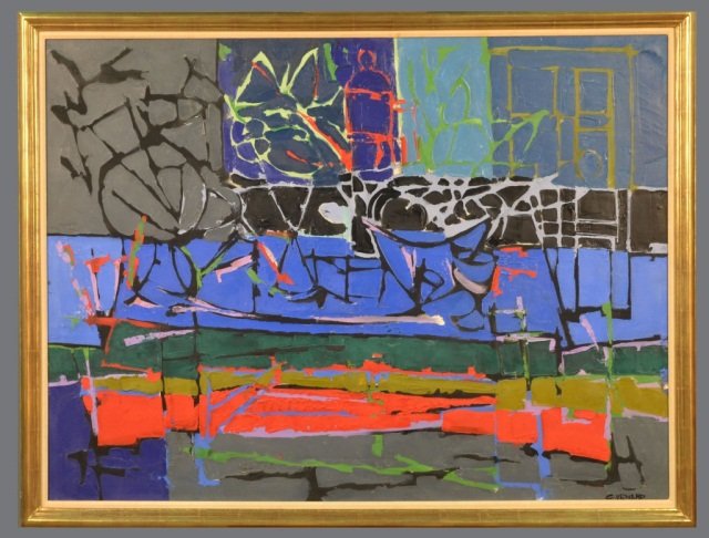 Claude Venard (French, 1913-1999): Les Chalands Rouges. Oil on canvas. Signed (l.r.), titled on the verso. 38 1/2 x 51 inches. Framed.