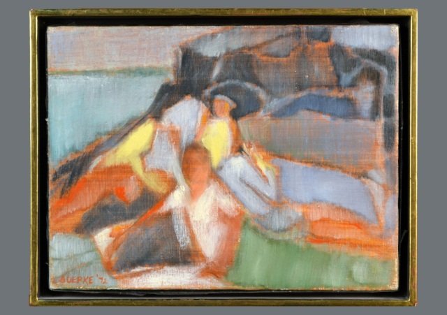 Goerke (German School) #: Abstract figures. Oil on canvas, 1972. Signed and dated (l.l.). 9 x 12. Framed.